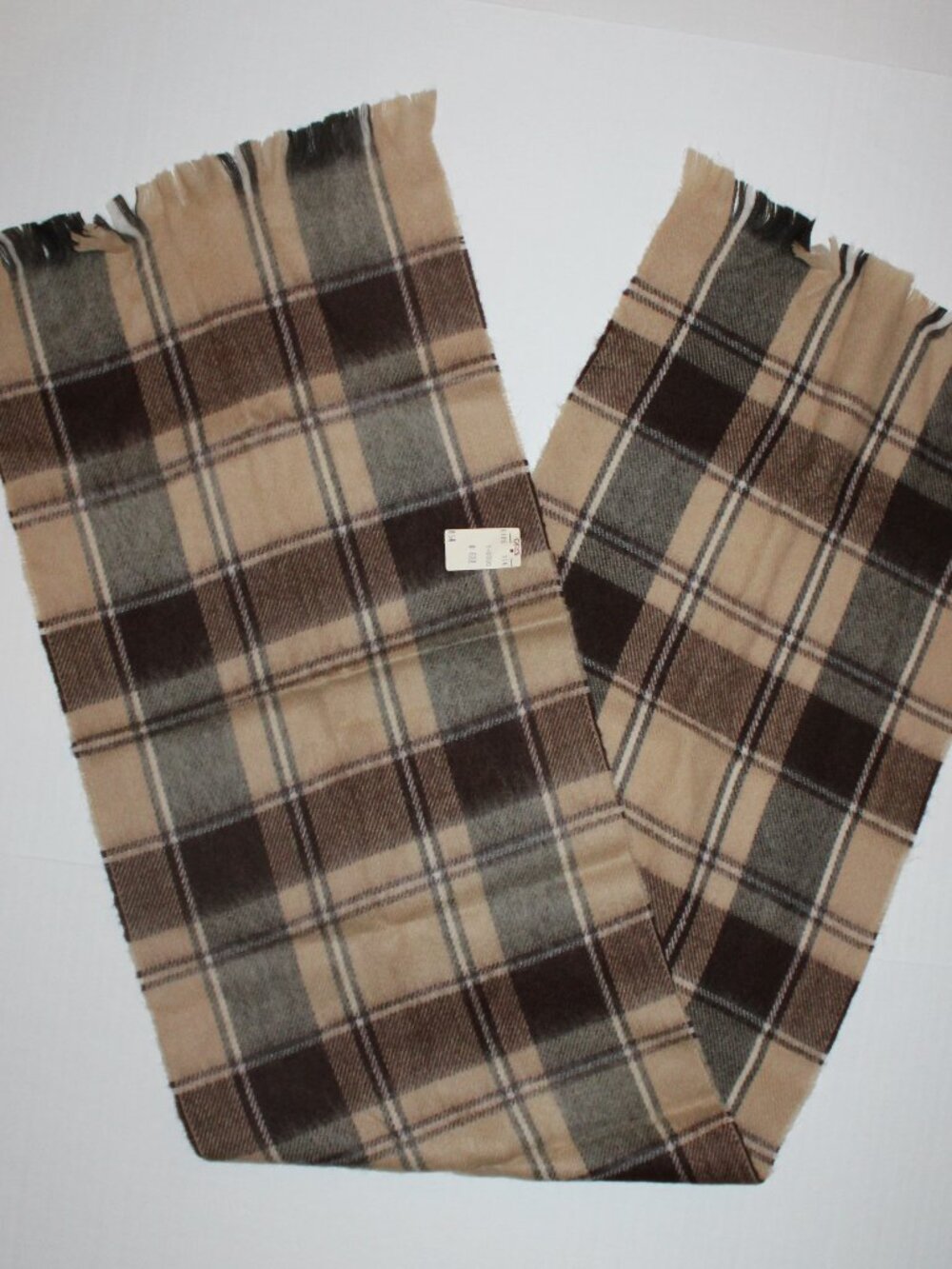 Brown Tan Plaid Fringed Scarf Soft Acrylic Carl's Vintage NWT 12 x 50 Inches